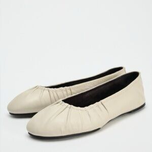 Zara Ruched Round Toe Cream Ballet Flats